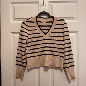 Marled Beige & Black Striped V Neck Sweater Size Medium